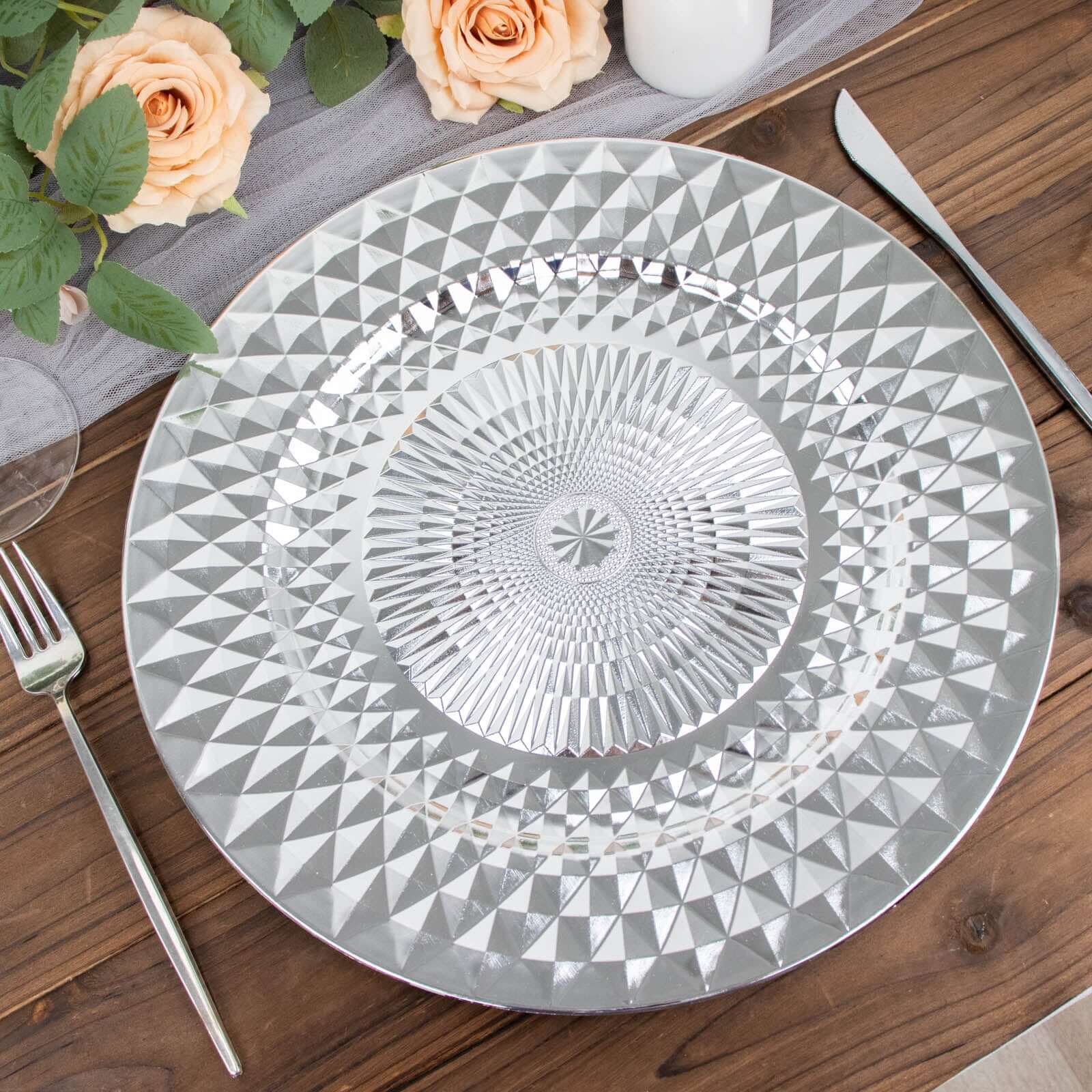 6-Pack Plastic Charger Plates 13" Round Silver Diamond Pattern - Sparkling Disposable Dinner Charger Tableware - Image 11
