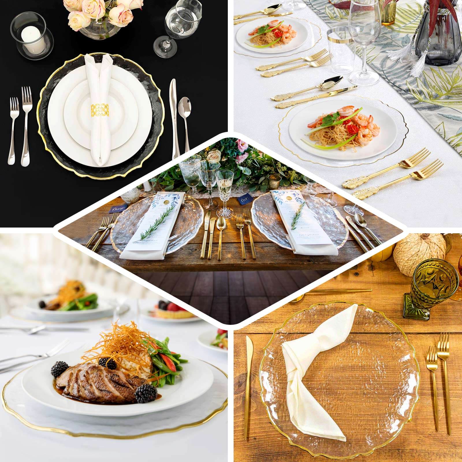 8-Pack Glass Charger Plates 13" Round Clear Gold Sunflower Scalloped Rim - Decorative Dinner Chargers - Image 5