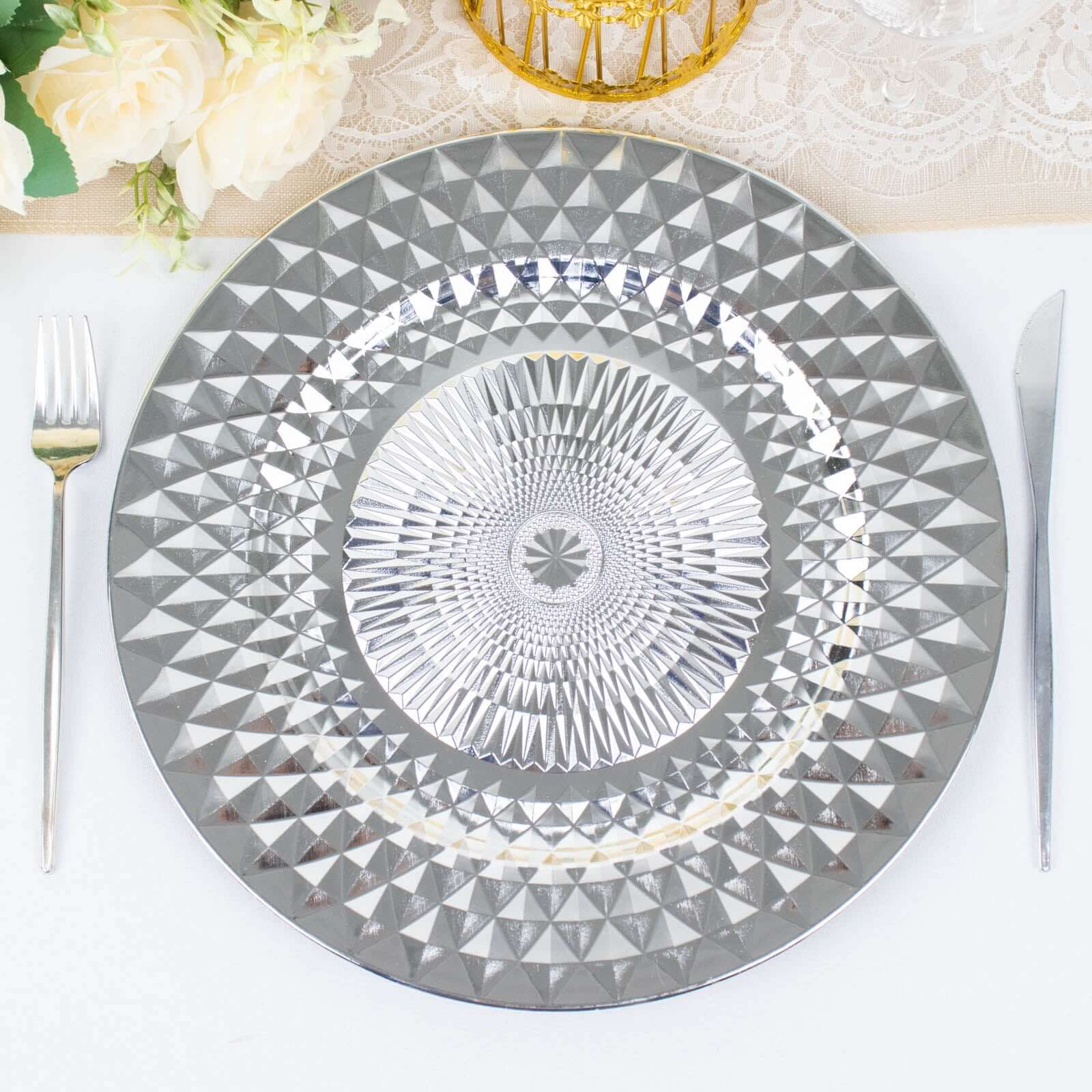 6-Pack Plastic Charger Plates 13" Round Silver Diamond Pattern - Sparkling Disposable Dinner Charger Tableware - Image 9