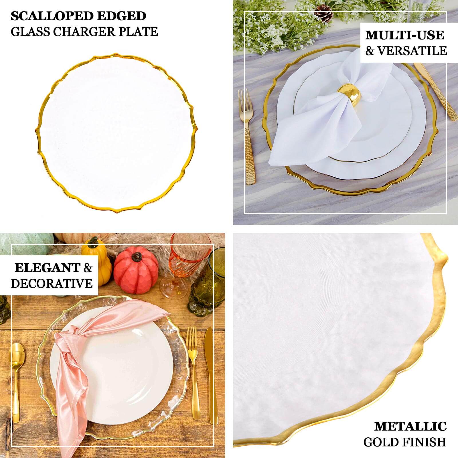 8-Pack Glass Charger Plates 13" Round Clear Gold Sunflower Scalloped Rim - Decorative Dinner Chargers - Image 4