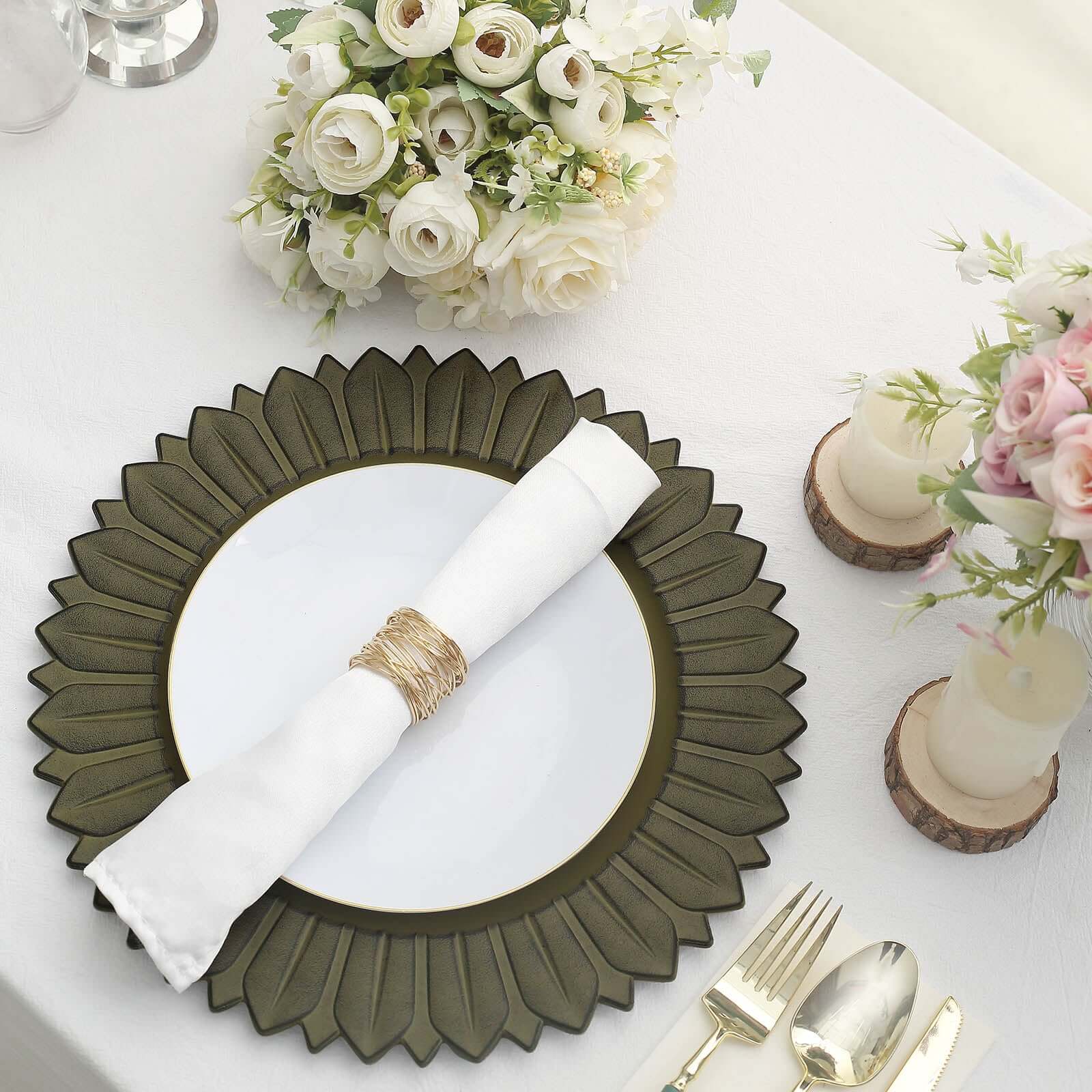 Alternative view of 6-Pack Plastic Charger Plates 13" Round Olive Green with Sunflower Rim - Matte Finish Disposable Dinner Charger Tableware